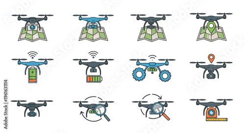 Drone Icons Set: Navigation, Battery, Inspection, Measurement, Technology