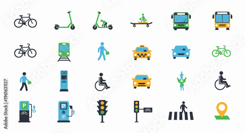 Urban Transportation Icons: Bikes, Scooters, Cars, Bus, Taxi, Train, Pedestrian, Parking, Charging