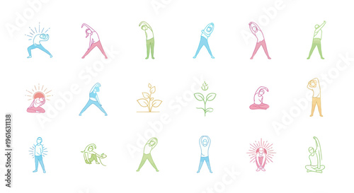 Colorful Yoga Poses and Wellness Icons Collection: Health, Balance, and Nature
