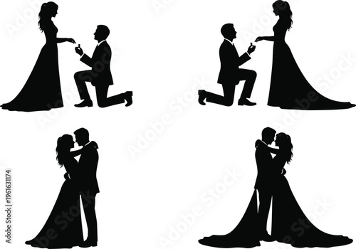 Black vector silhouettes of a man proposing on one knee and couples embracing in romantic poses for wedding invitation designs.
