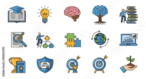 Education, Idea, Brain, Growth, Success Icons Set - Knowledge, Learning, Achievement