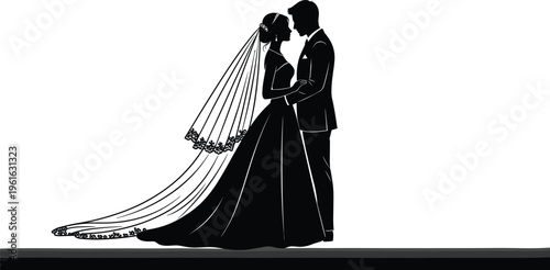Elegant black and white vector silhouette of a romantic wedding couple with the bride wearing a long lace detailed veil.