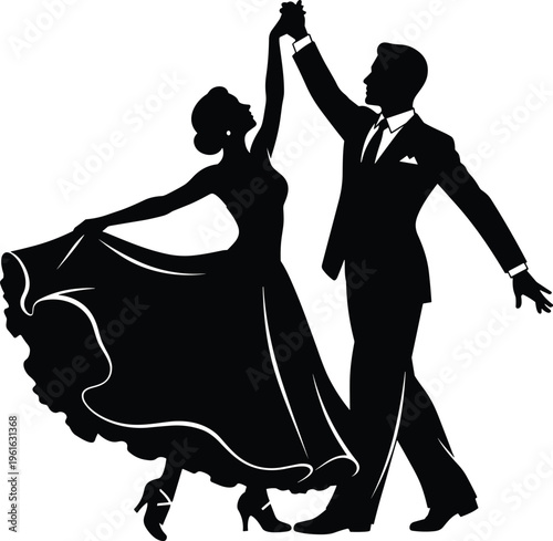 Elegant black vector silhouette of a romantic ballroom dancing couple in formal evening wear performing a graceful waltz dance pose.
