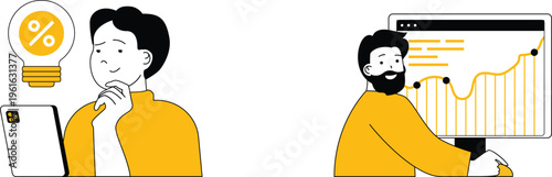 Two individuals pondering and analyzing financial growth and investment opportunities together with technology aids