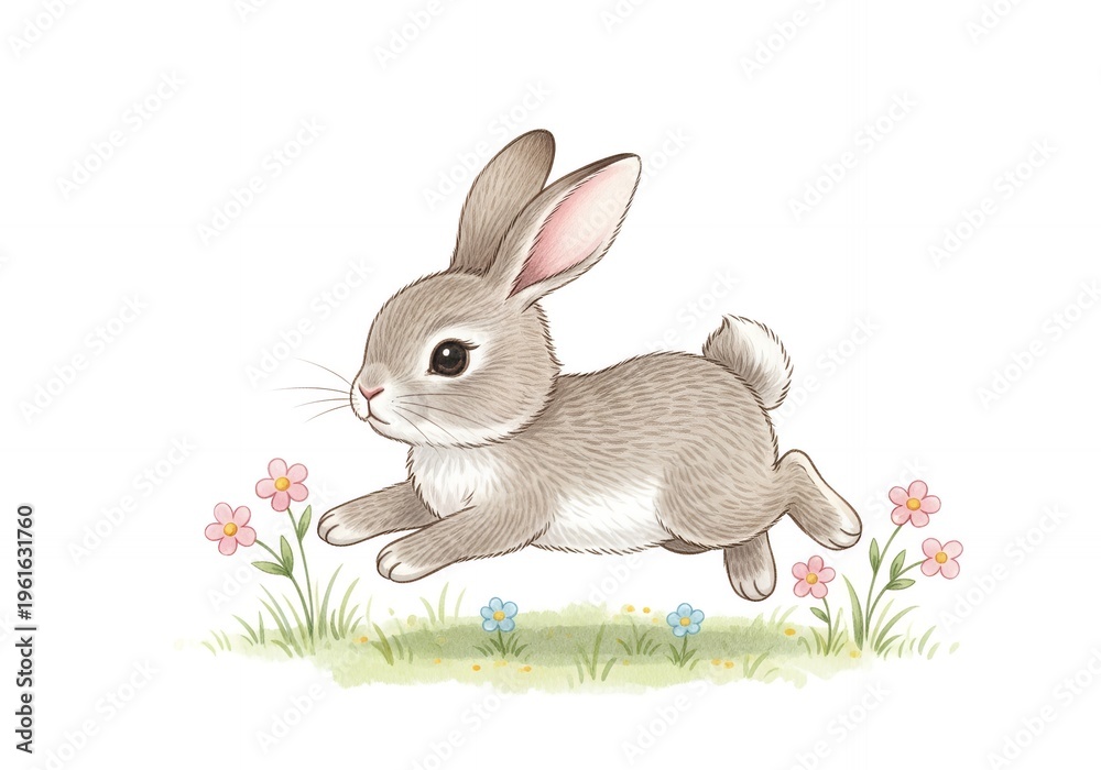 Obraz premium Cute rabbit hopping through flowers fast.