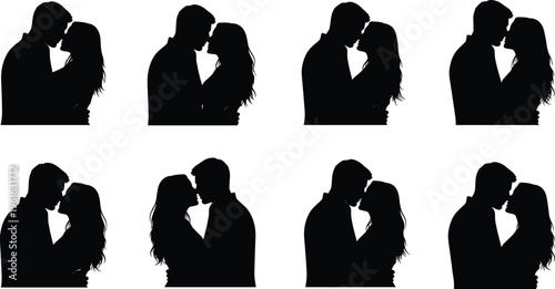 Set of eight black vector silhouettes featuring a young romantic couple in various intimate poses, kissing, and embracing each other.
