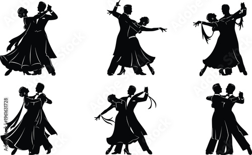 Set of six black vector silhouettes featuring elegant ballroom dancing couples in formal evening wear performing various romantic waltz poses.