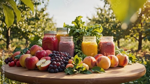 Lush orchard sun-dappled table laden with fresh juice jars, apples, grapes, and peaches