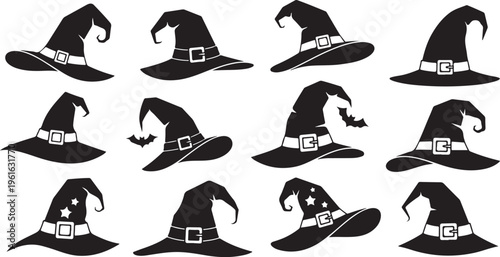 Collection of black witch hats with white buckles isolated