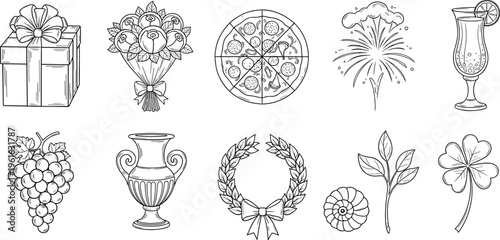 Vector set of black and white line icons featuring gift bouquet pizza fireworks cocktail grapes vase wreath shell and clover.