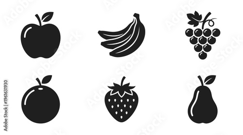 Collection of six black silhouette fruit icons including apple, banana, grape, orange, strawberry, and pear