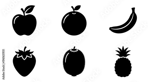 A collection of black silhouette fruits including an apple, orange, banana, strawberry, kiwi, and pineapple on a white background