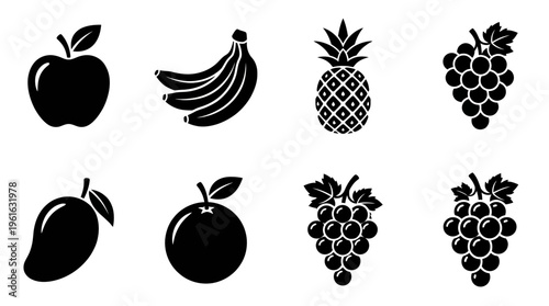 A collection of black silhouette fruit icons including apple, bananas, pineapple, and grapes