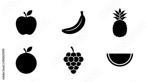 A collection of six fruit silhouettes including apple, banana, pineapple, orange, grape, and watermelon