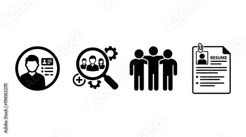 Icons representing recruitment process, showcasing profile, search, teamwork, and resume