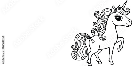 A cute cartoon unicorn with a long flowing mane and tail
