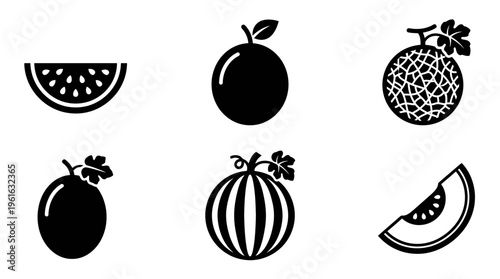 A collection of black silhouette fruit icons including watermelon, orange, and melon