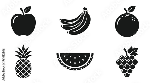 Collection of various fruits including apple, bananas, orange, pineapple, watermelon, and grapes on a plain background