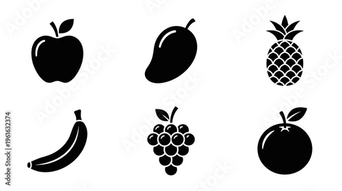 A collection of various fruits including an apple, mango, pineapple, banana, grapes, and orange on a white background