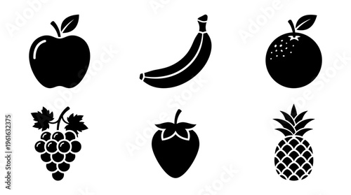 A collection of black silhouette fruit illustrations showcasing an apple, banana, orange, grapes, strawberry, and pineapple on a white background