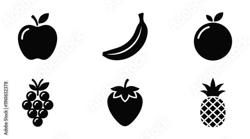 A collection of black silhouette fruit icons including an apple, banana, orange, grapes, strawberry, and pineapple on a white background