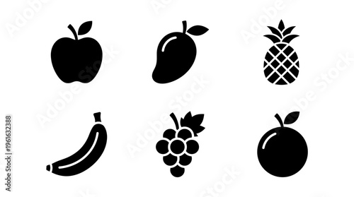 Collection of black silhouette fruit icons including apple, mango, pineapple, banana, grapes, and orange on a white background
