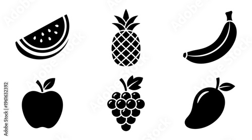 A collection of black silhouette fruits including watermelon, pineapple, banana, apple, grapes, and mango on a white background