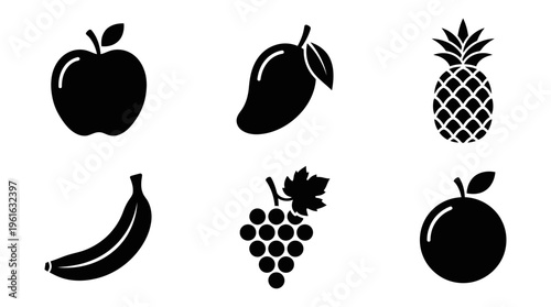 Collection of silhouetted fruits including apple, mango, pineapple, banana, grapes, and orange on white background