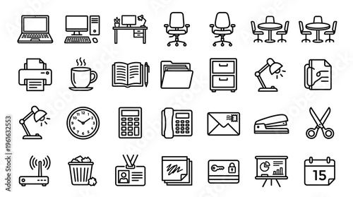 A minimalistic office workspace featuring essential equipment and supplies for productivity