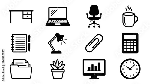 A minimalist workspace featuring a desk with a laptop, chair, and coffee cup, surrounded by office supplies