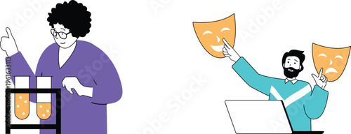 Scientist and performer engage virtually through test tubes and theatrical masks during online meeting