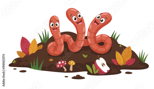 Compost worms icon set, stylized worms used in vermicomposting systems for organic recycling, soil health, and sustainable gardening concepts