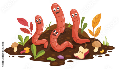 Compost worms icon set, earthworm illustration representing composting, soil fertility, and organic waste decomposition, eco-friendly vector design