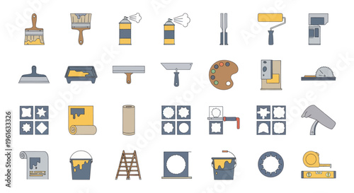Home Renovation Tools Icons Set: Paint Brushes, Rollers, Sprays, Spatula, Ladder, Bucket