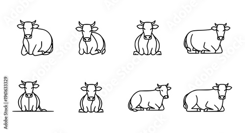 Minimal kneeling cow vector icon set livestock animal EPS10 isolated on white