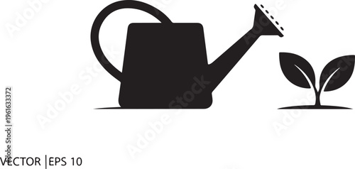 Black watering can icon with green plant vector graphic