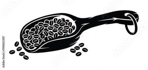 Vintage style wooden scoop with coffee beans in Icon Silhouette vector black design on a white background