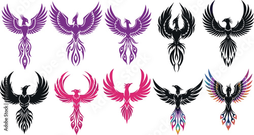 Phoenix Bird Vector Set Featuring Mythical Firebird Designs with Spread Wings, Tribal Style Patterns, Colorful and Black Silhouette Illustrations