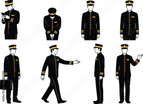 Professional Japanese Hotel Bellhop and Concierge Vector Illustration Set Featuring Various Poses Like Bowing, Greeting, Walking, and Using Phone