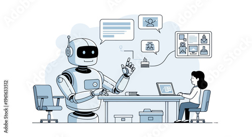Robot and woman in office, AI assistant helping with tasks and communication