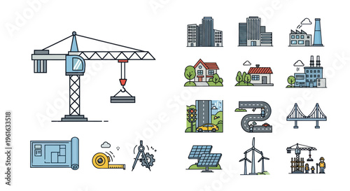 Construction & Cityscape Icons: Crane, Buildings, Houses, Roads, Solar Panels, Wind Turbines