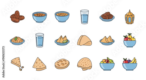 Ramadan Food Icons: Dates, Samosas, Fruits, Lentil Soup, Water, and Lantern