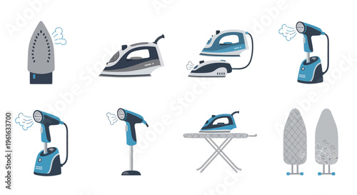 Collection of Modern Irons and Steamers, Laundry and Household Appliances Icons