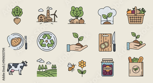 Healthy Food Icons: Farm, Nature, Cooking, and Sustainability