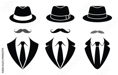 Gentleman, vector set of suit and hat illustrations representing classy fashion, formal attire, vintage elegance, and stylish gentleman outfit design concepts.
