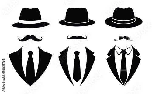 Gentleman, style suit and hat vector illustration set featuring classic fashion elements, elegant attire, vintage clothing, and sophisticated male outfit design concepts.