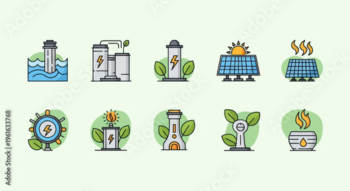 Eco Energy Icons Set: Renewable Power Sources, Green Technology, Sustainable Future