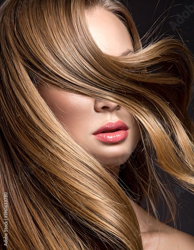 A woman's face, partially obscured by flowing, highlighted brown hair. Lips are glossy and pink