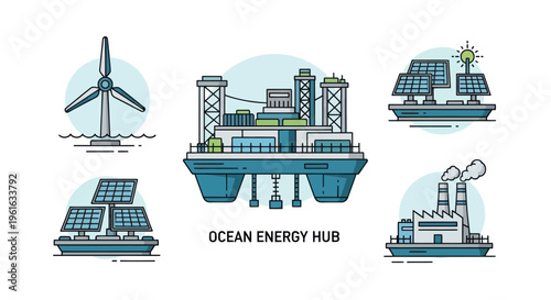 Ocean Energy Hub: Wind Turbine, Solar Panels, Offshore Platform, Factory