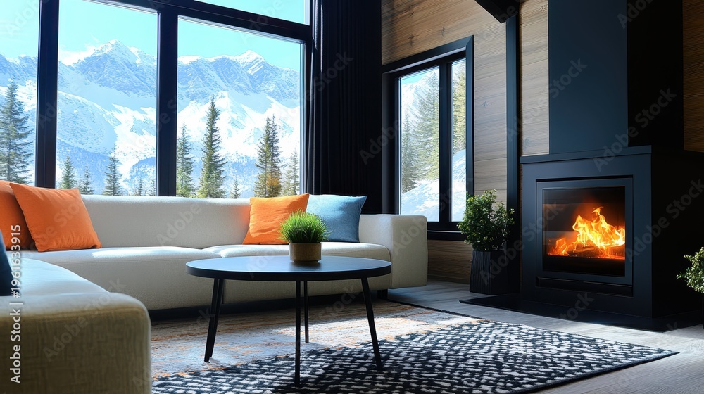 Fototapeta premium Cozy mountain lodge living room with fireplace and stunning snowy peak views
